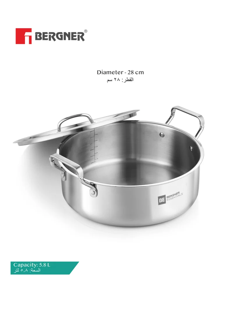 BERGNER Bergner Essentials 28cm (5.8L) Tri-Ply Stainless Steel Shallow Biryani Pan, Wide Cooking Pot with Steel Lid for Rice Pulao Curries, Less Oil Healthy Cooking, Even Heating, Gas & Induction Compatible